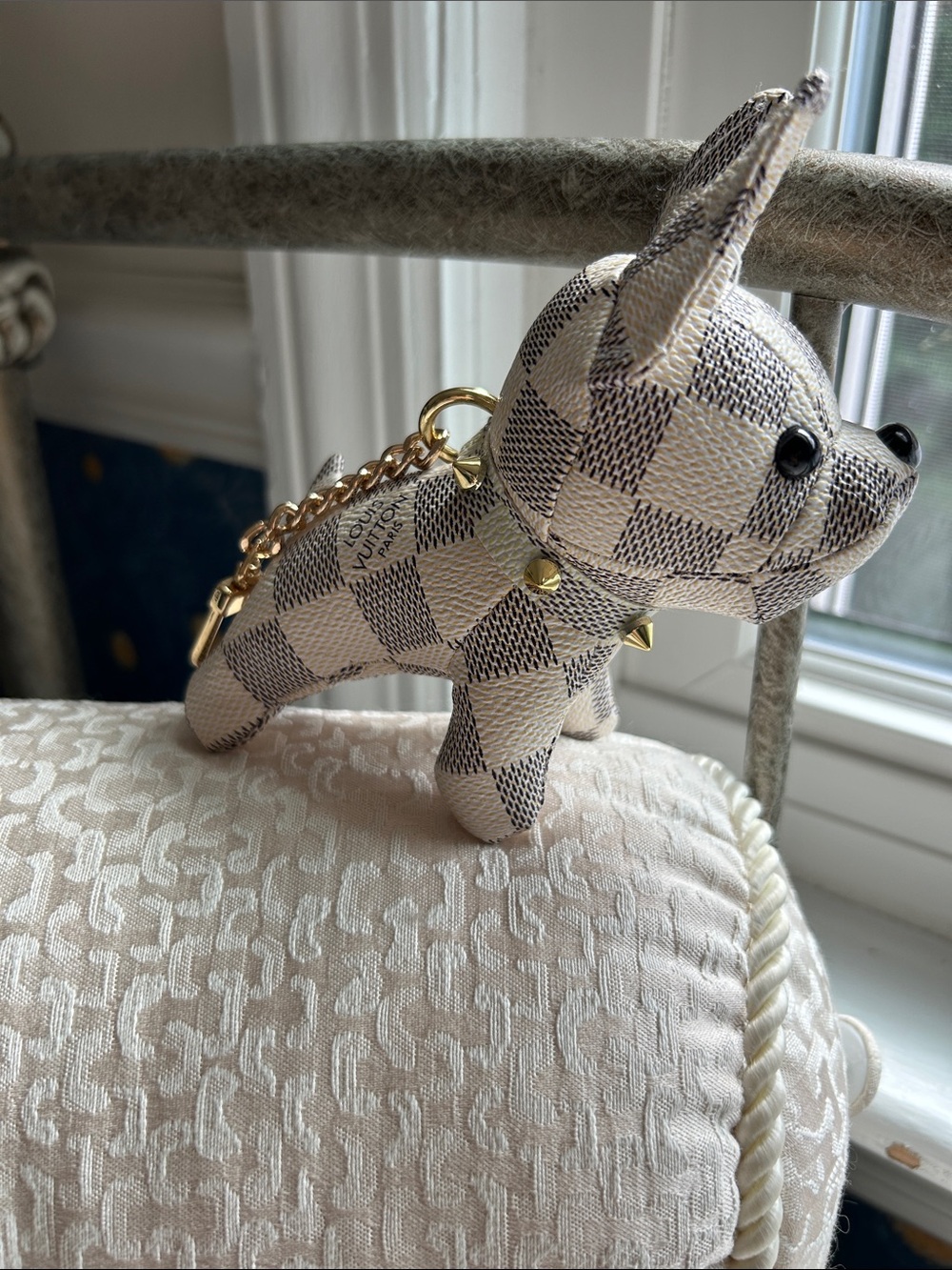 Beige Checkered Dog Bag Charm or Key Chain with Gold Hardware.
